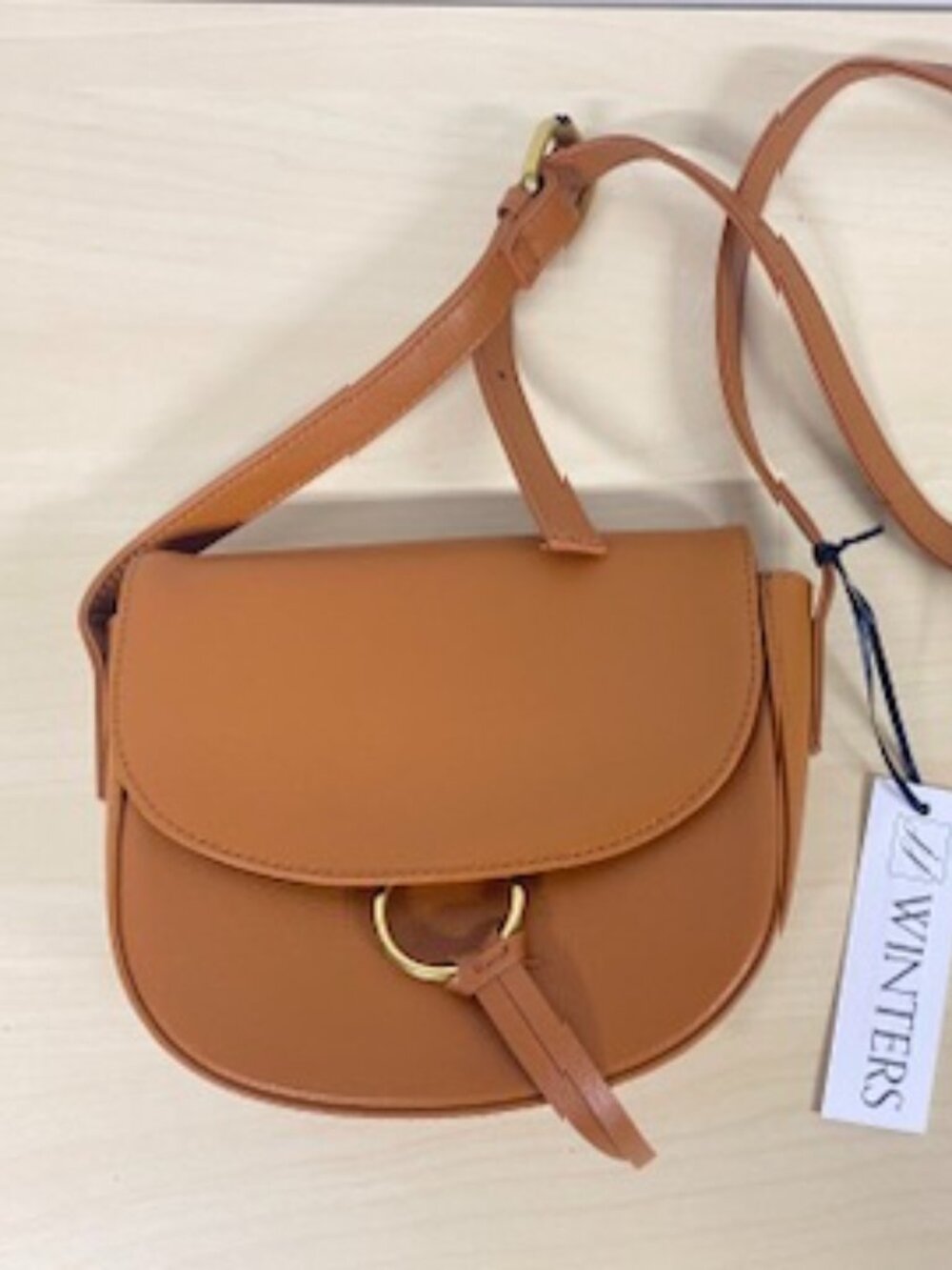 NWT J.J. Winters Cognac Leather Ivy Saddle Crossbody Bag Gold Ring